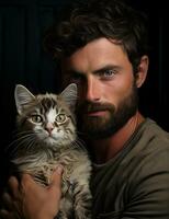 AI generated Man holding a cat in a photo, pet photography photo