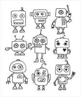 vector drawing in doodle style. set of cute robots. children's line drawing. funny robots