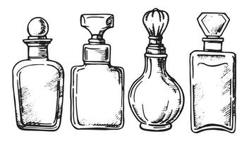 set of bottles with perfume, vector drawing in sketch style. vintage bottles