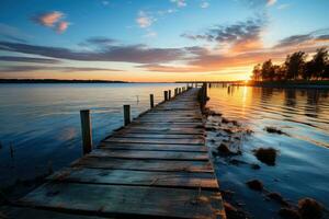 ai generado puesta de sol sinfonía muelle silueta en medio de deslumbrante colores, amanecer y puesta de sol fondo de pantalla foto