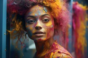 AI generated Holi powdered people on reflective surface, holi festival images hd photo