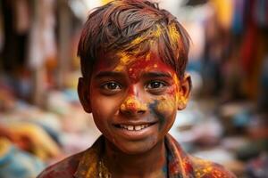 AI generated Boy engaged in multihued paint celebrations, holi festival image download photo