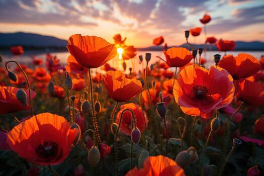 AI generated Mystical poppy field in golden glow, spring session photos