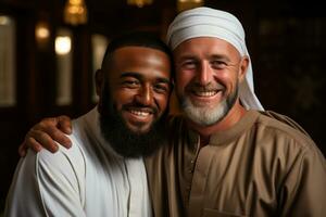 ai generado dos musulmán hombres abrazando en puro blanco atuendo, eid y Ramadán imágenes foto