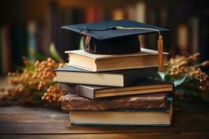 AI generated Graduation cap and book pile, diverse education and teachers day image photo