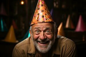 AI generated Man in party hat ready for celebration, diverse active seniors pictures photo