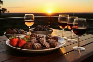 ai generado mesa conjunto con chocolate cubierto fresas en el resplandor de atardecer, enamorado, Fechado y amor propuesta imagen foto