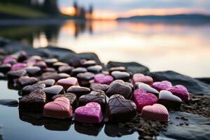 ai generado corazón chocolates en un pacífico orilla del lago configuración, enamorado, Fechado y amor propuesta imagen foto