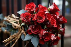 AI generated Red roses and love locks on a romantic bridge, valentine, dating and love proposal image photo