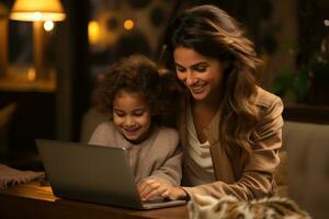 ai generado un mujer y niño de indio descendencia sentado en un sofá atractivo con un computadora portátil, educación imágenes para sitio web foto