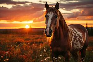 AI generated Lone horse amidst sunrise blaze, sunrise and sunset wallpaper photo