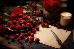 AI generated Quill pens love letters and chocolate strawberries, valentine, dating and love proposal image photo