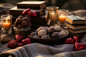 AI generated Cozy picnic with heart chocolates vintage books and a blanket, valentine, dating and love proposal image photo