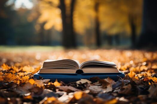 AI generated Books open on a log surrounded by vibrant fall foliage, diverse education and teachers day image photo