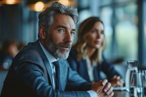 AI generated Businessman and woman strategizing in an office setting, business meeting image photo