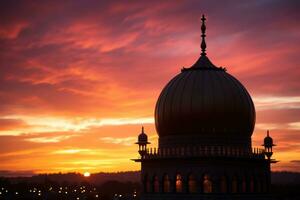 AI generated The detailed silhouette of a mosque dome against a colorful evening sky, eid and ramadan images photo