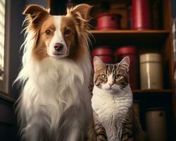 AI generated A cute dog and cat standing side in a photograph, pet photo