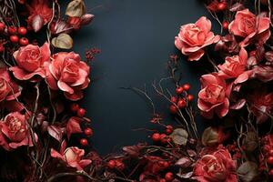 AI generated Red roses amidst autumn whirling leaves, valentine, dating and love proposal image photo