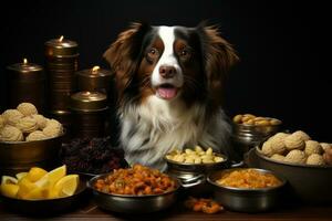 ai generado foto de un perro junto a comida bochas, mascota foto