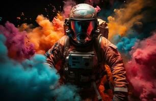 ai generado astronauta flotante en un espectro, holi festival imagen descargar foto