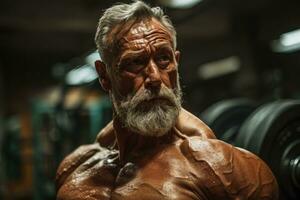 AI generated An older man flexing muscles in a gym, diverse active seniors pictures photo