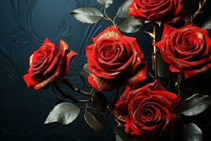 AI generated Timeless beauty captured in red roses with golden leaf highlights a symbol of true and lasting love, valentine, dating and love proposal image photo