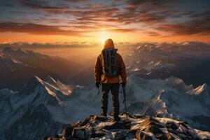 AI generated Mountain dusk pursuit people striving for summit as sunset, sunrise and sunset wallpaper photo