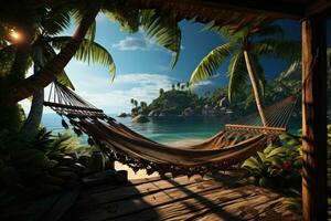 AI generated Hammock amidst palm trees in tropical paradise, best summer image photo