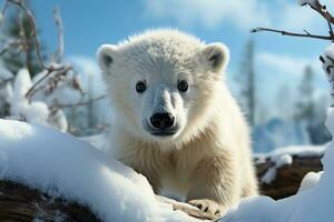 ai generado el ártico pasión de viajar de un joven polar oso cachorro explorador sus alrededores, naturaleza conservación fotos