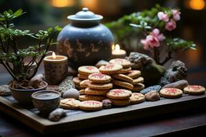 ai generado corazón conformado galletas creando tranquilidad en un mini zen paisaje, enamorado, Fechado y amor propuesta imagen foto