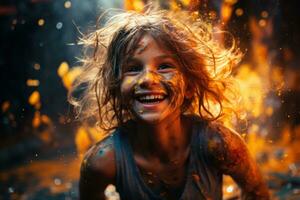 AI generated Girl delighting in powder amid a blurred background, holi festival image download photo