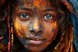 AI generated Colorful innocence child face embracing holi joy, holi festival image download photo