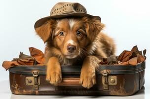 AI generated A dog wearing a hat poses with a suitcase on a white backdrop, pet photo