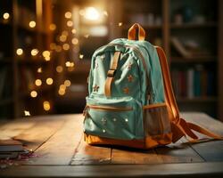 ai generado un mochila en un colegio mesa con estrellado decoraciones y brillante luces, educación imágenes para sitio web foto