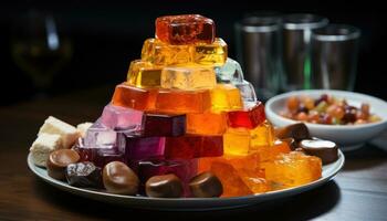 AI generated A tempting display of multicolored confections showcased on a polished silver platter, eid and ramadan images photo