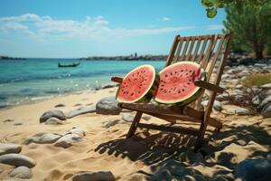 AI generated Watermelon and chair creating a tropical haven, relaxing summer scene photo