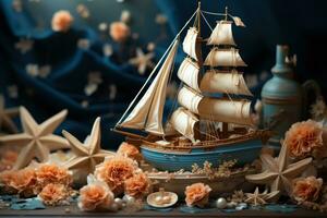 AI generated Nautical scene with sailboat and starfish on wood, beautiful summer photo