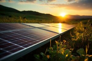 AI generated Tranquil solar panel field at dawn, environmental images photo