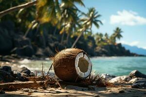 AI generated Coconut relaxing scene on the sandy shoreline, beautiful summer photo