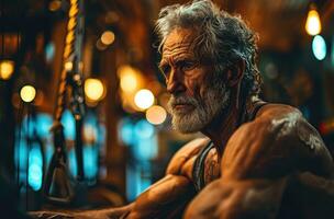 AI generated Senior man showcasing muscles in gym, images of senior citizens photo