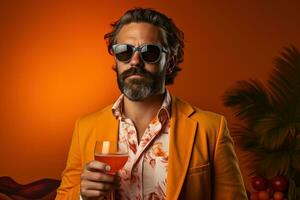 AI generated Gentleman with glasses savoring a tropical beverage, relaxing summer scene photo