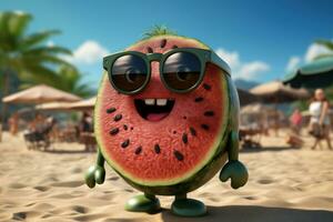 AI generated Watermelon personality with sunglasses by the shore, beautiful summer photo