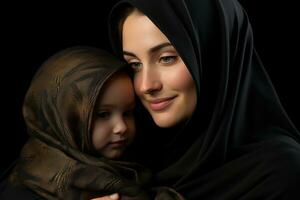 AI generated A muslim woman holds her child close with affection, eid and ramadan images photo