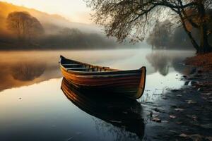 ai generado suave reflexiones en brumoso río, amanecer y puesta de sol fondo de pantalla foto