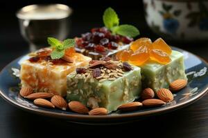 AI generated A plate showcasing a diverse collection of almond squares, eid and ramadan images photo