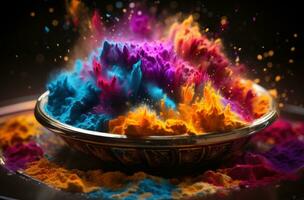 AI generated Vibrant powders gracefully filling a bowl, holi festival image download photo