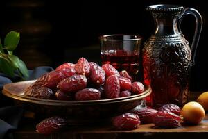 AI generated Rich and sweet dark red date fruit displayed on a charming rustic table, eid and ramadan images photo