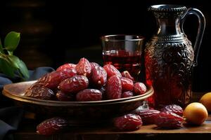 ai generado Rico y dulce oscuro rojo fecha Fruta desplegado en un encantador rústico mesa, eid y Ramadán imágenes foto