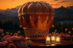 AI generated Dawn hot air balloon soaring with candles aglow crafting a surreal experience, engagement, wedding and anniversary image photo