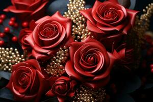 AI generated A golden touch transforms red roses into symbols of everlasting love, valentine, dating and love proposal image photo